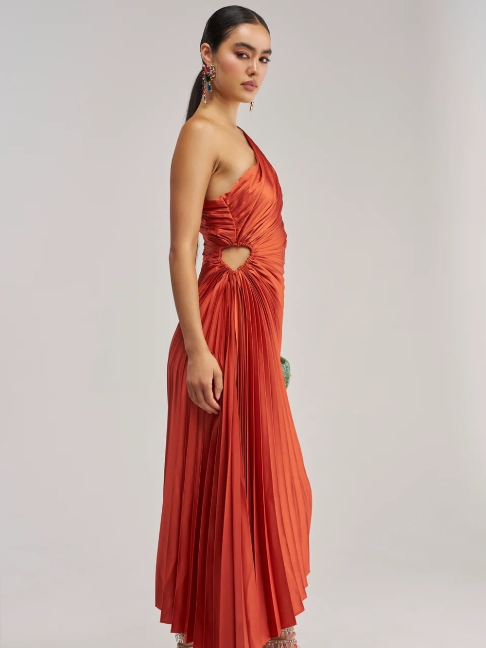 One-Shoulder Red Pleated Cutout Maxi Dress